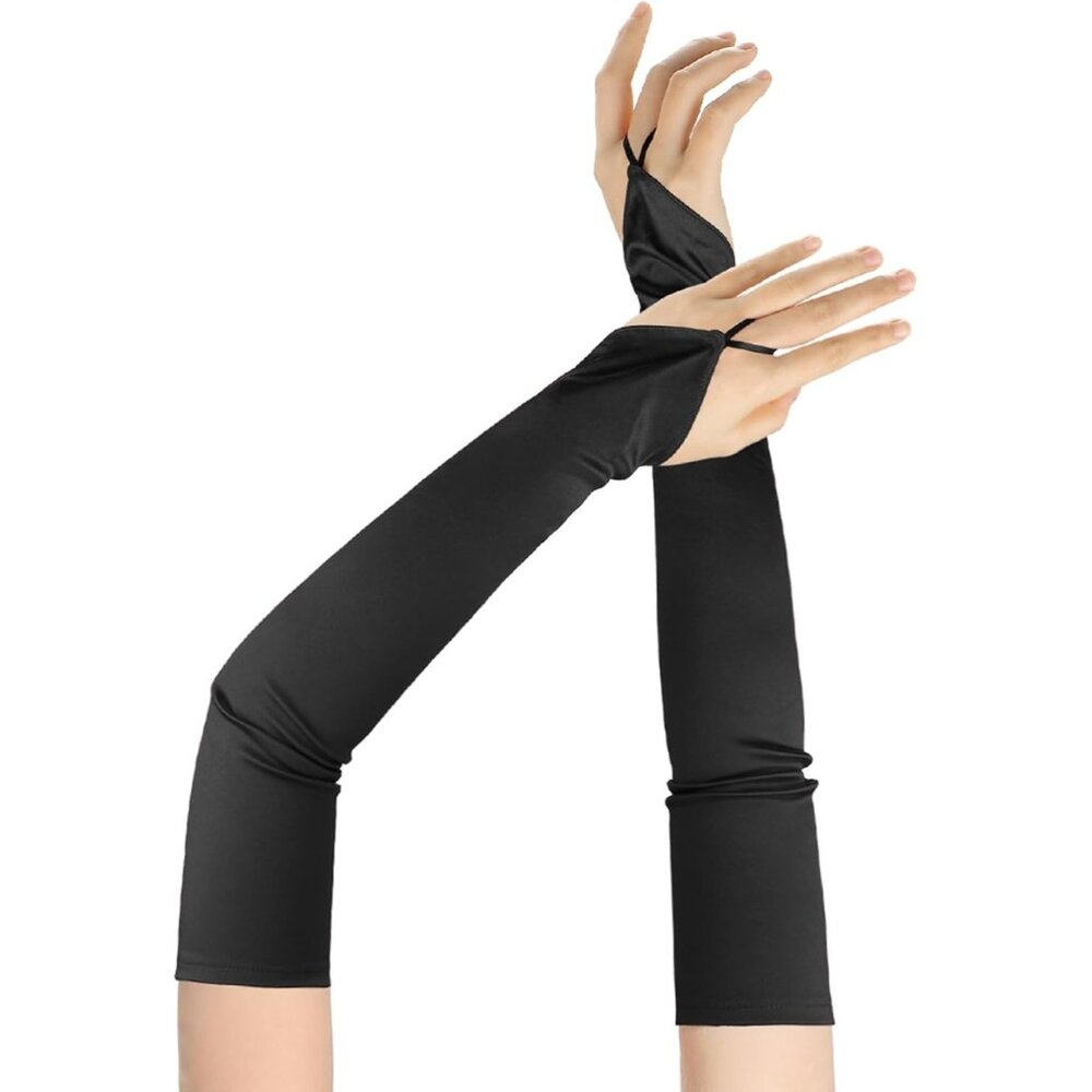 Women's Fingerless Black Satin Long Gloves Elbow Length Wedding Party Prom